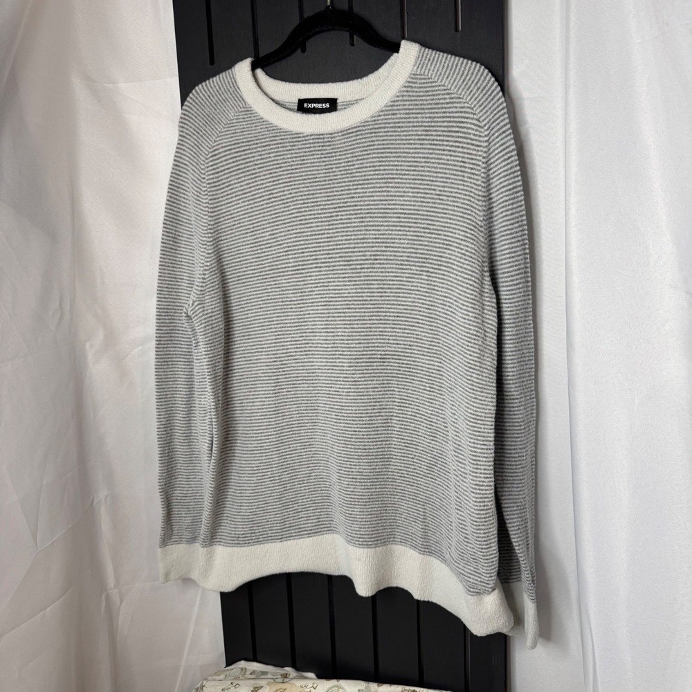 Express Mens Striped Crew Neck Sweater Gray White Long Sleeve Size L